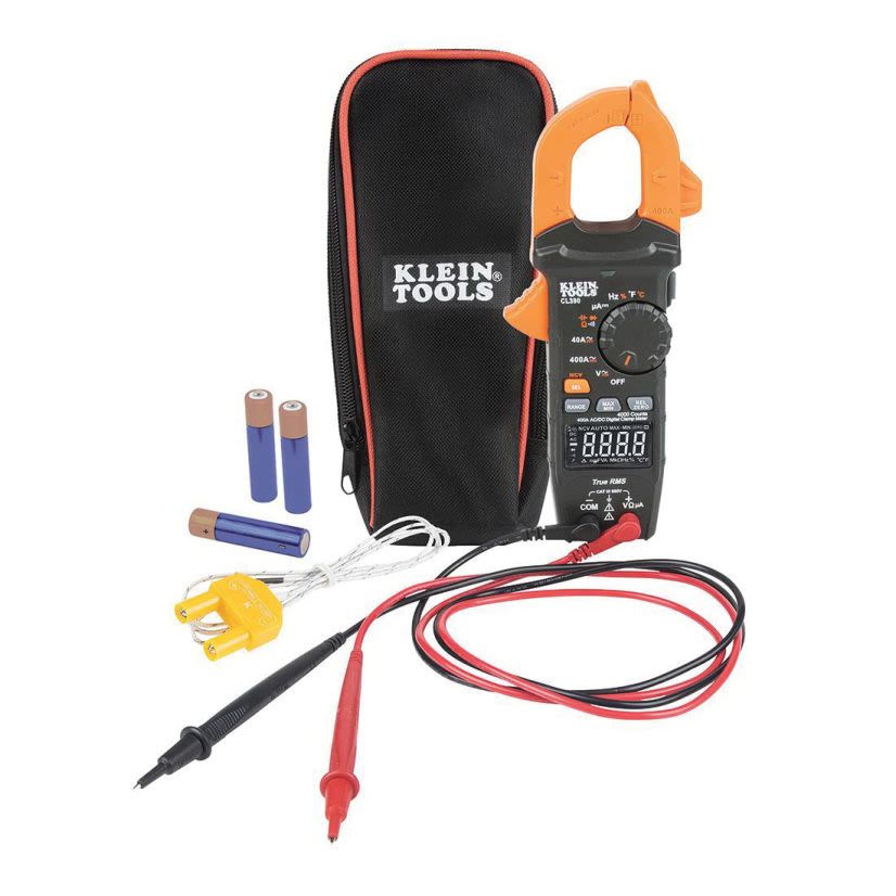 Klein CL390 Auto-Ranging AC/DC Digital Clamp Meter, 600 V AC/DC, 400 A, 4000 uF, 200 uA, 40 Mohm, 10 Hz to 60 kHz, 1.61 in Jaw, Reverse Contrast LCD Display